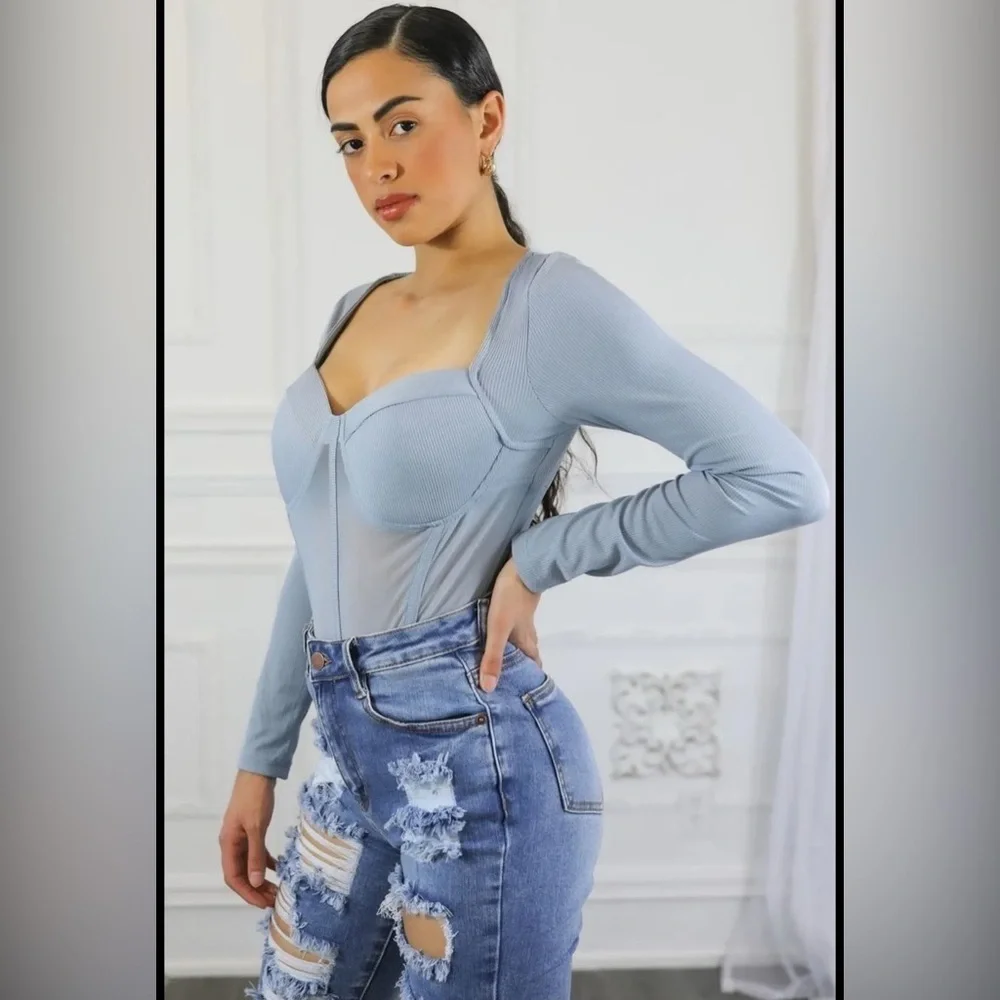 Women's Blue Long Sleeve bodysuit Top - Picture 3 of 3